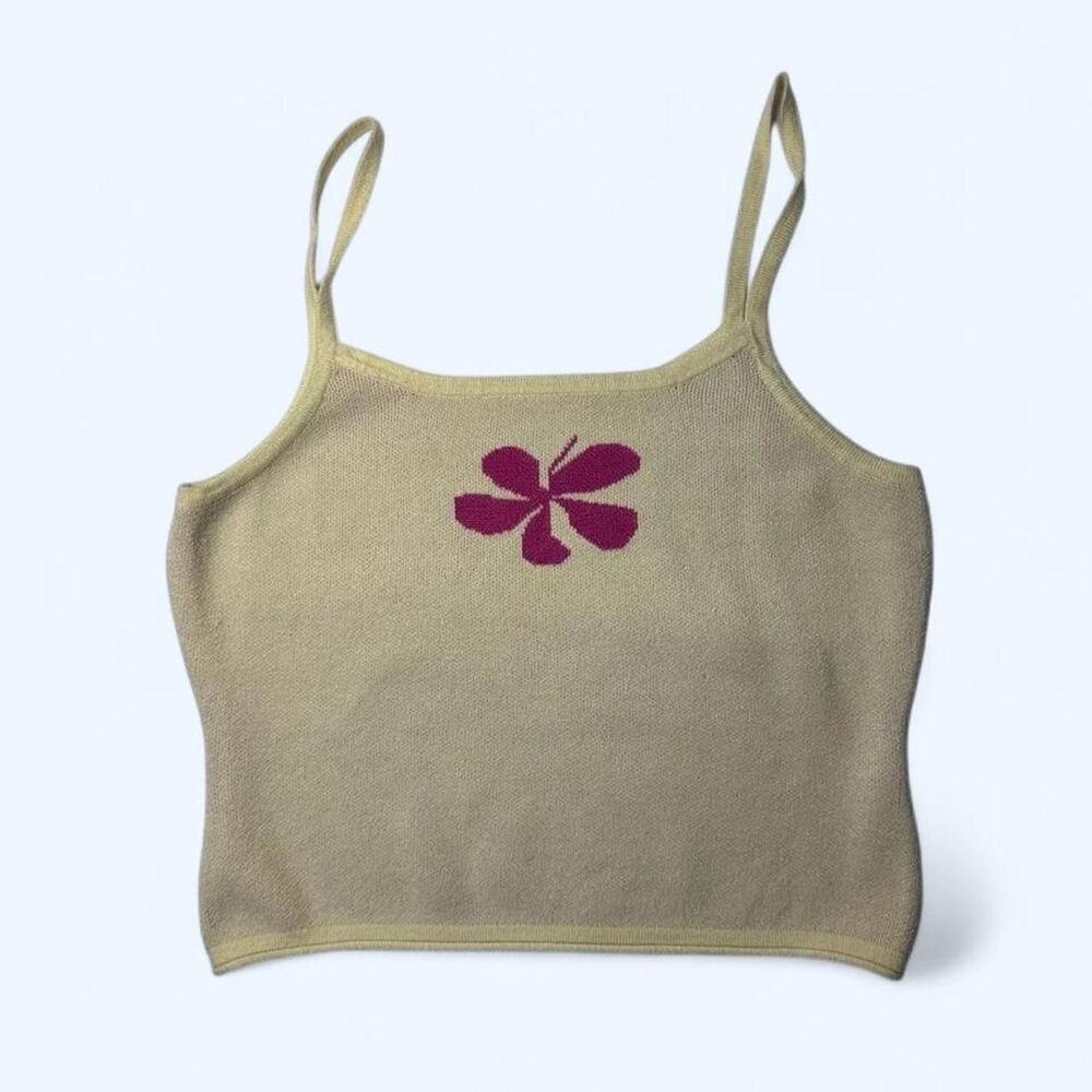 🌺 Knit Hibiscus Flower Cami Tank • Pastel Yellow Hot Pink Crochet Style Size M